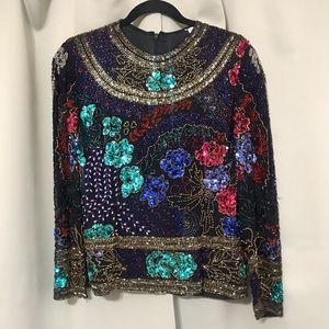 Vintage 80s Beautifully Made 100% Silk Multicolor Beaded & Sequins Blouse